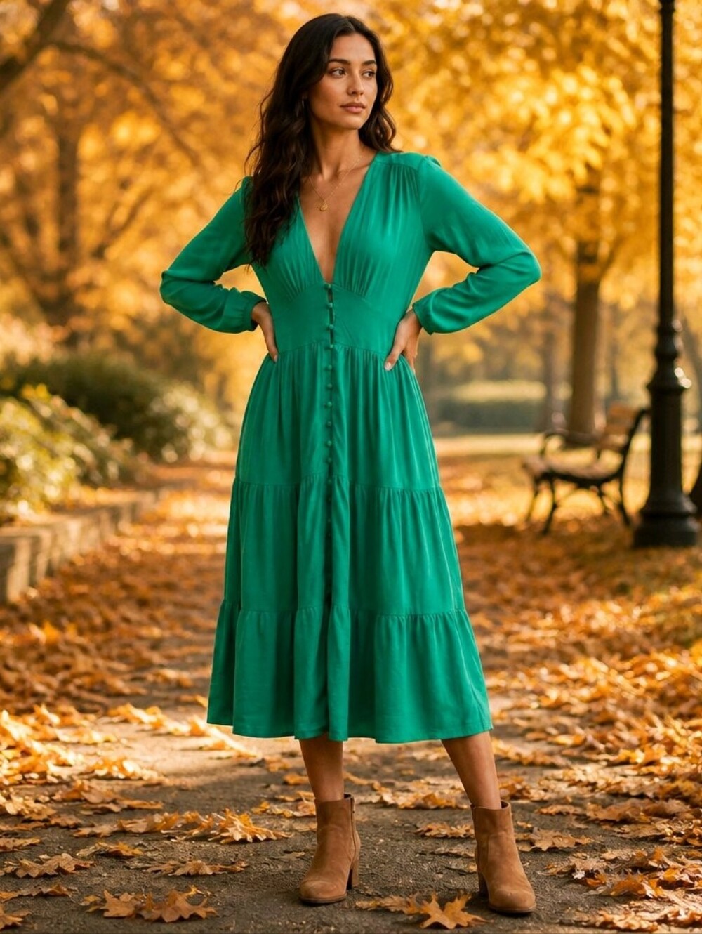 V-Neck Sleeveless Tiered Midi Dress in Green